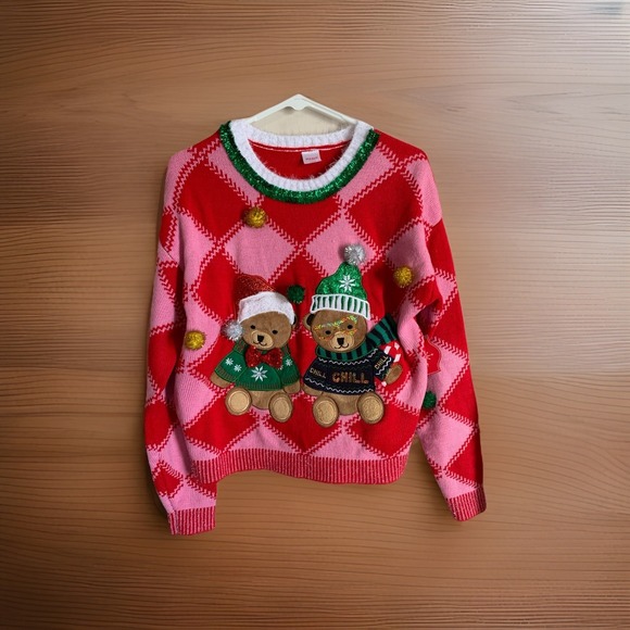 Holiday Time Sweaters - Women's Ugly Christmas Sweater Pink W/Bears Sparkly Pom Poms Bow Small (4-6) NWT